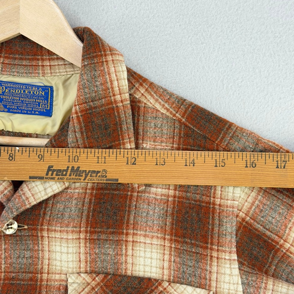 VTG 70s Pendleton Board Shirt Mens S-M Rust Plaid Long Sleeve Loop Collar USA - Picture 12 of 14
